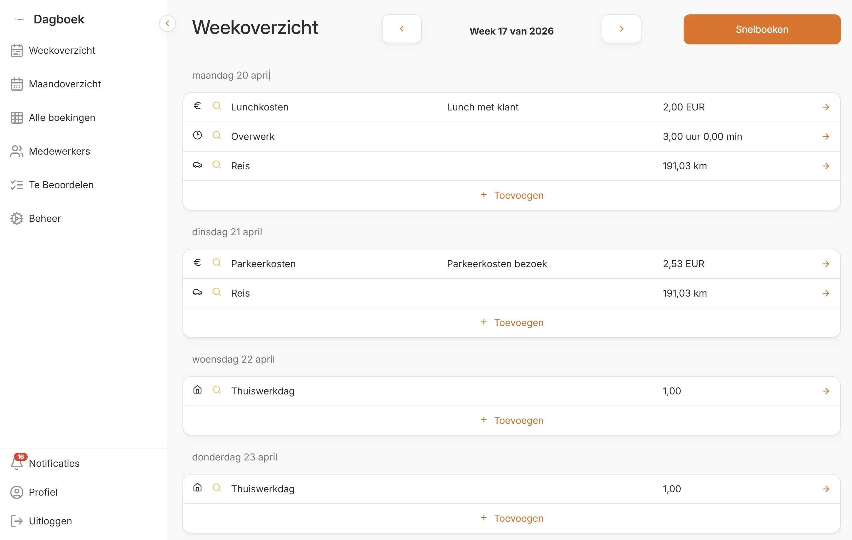 CoreCubes week- en maandoverzicht declaraties